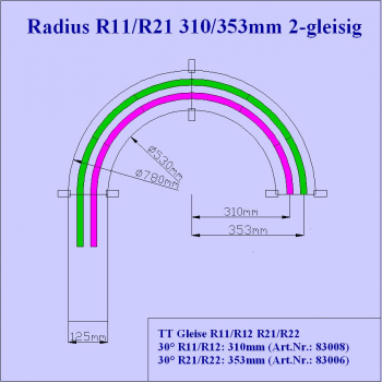 TT-Gleise R11/R21 2-gleisig 310/353mm